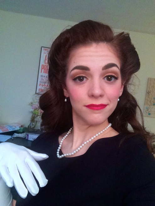 1940's Halloween hair and makeup. Red lip, pearls, and victory rolls